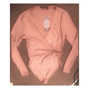 NEW Polka Dot Rib Long Sleeve Tie Front Bodysuit S